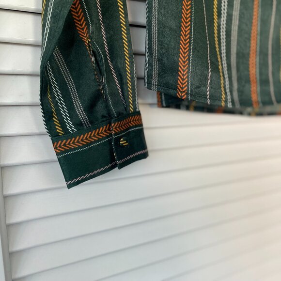 NWT Lumiere Satin Wrap V-Neck Top, Green Rust Yellow White Striped, Size S - Picture 4 of 8